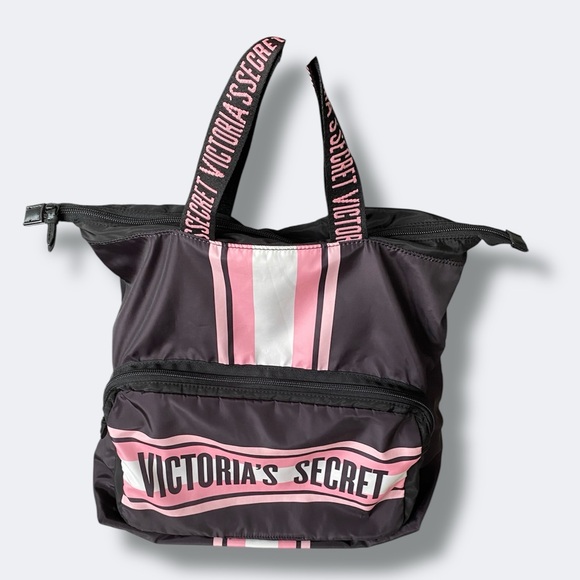 Victoria's Secret Black Pink Stripe Nylon Backpack Travel Pool Summer Beach Bag - Picture 2 of 10
